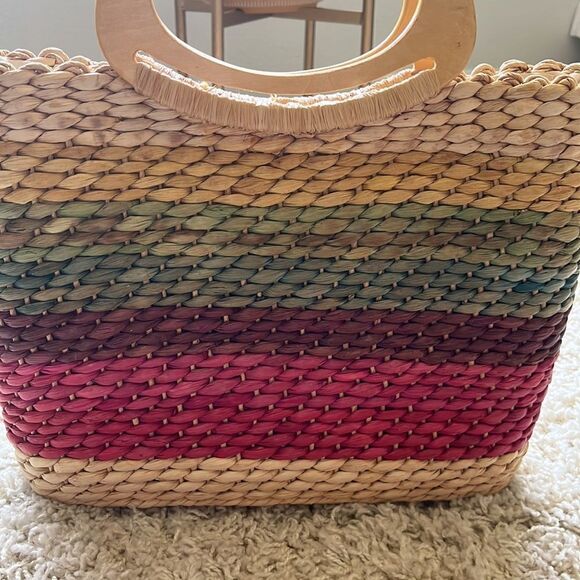 Vintage Straw Handbag - Authentic Cappelli Wooden Handled Purse Beautiful - Picture 3 of 16